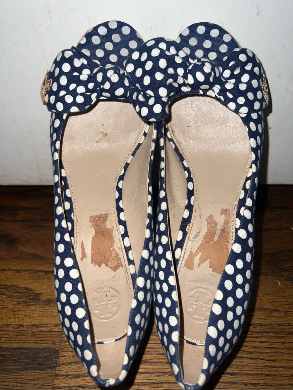 Tory Burch Navy Polka Dot Bow Wedges